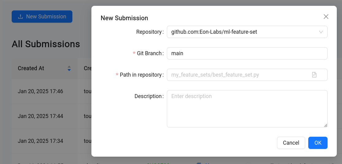 New Submission dialog