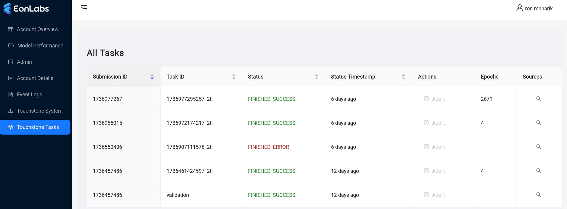 Touchstone Tasks UI page